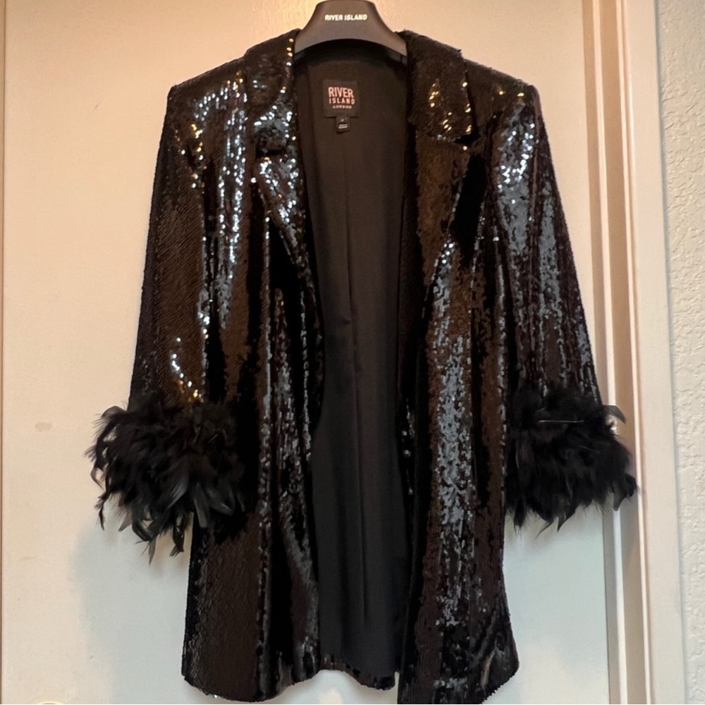 River Island Shimmering Black Sequin Blazer with Feather Cuffs - Picture 2 of 7